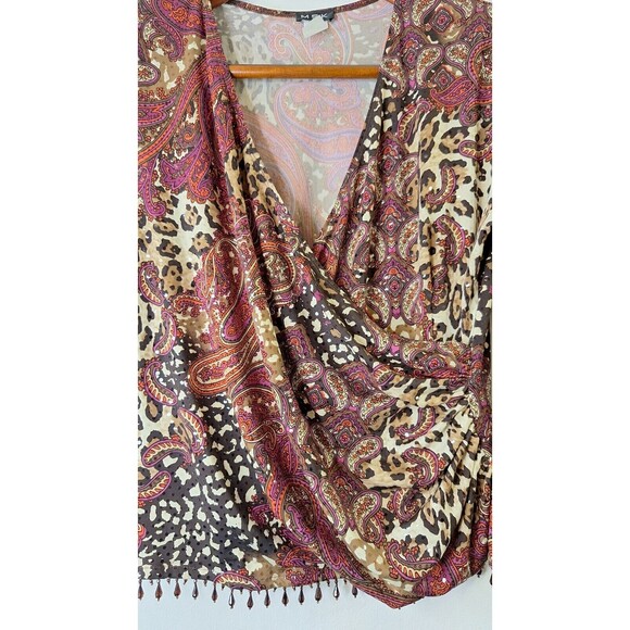 Vtg MSK Paisley Leopard Wrap Front Top Women's XL Beaded Sequin Coquette Event - Picture 10 of 10